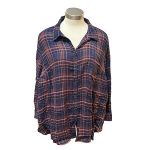 Lucky Brand Womens Shirt Button Up Blue Orange Checkered Plaid Metallic Sz. 3X